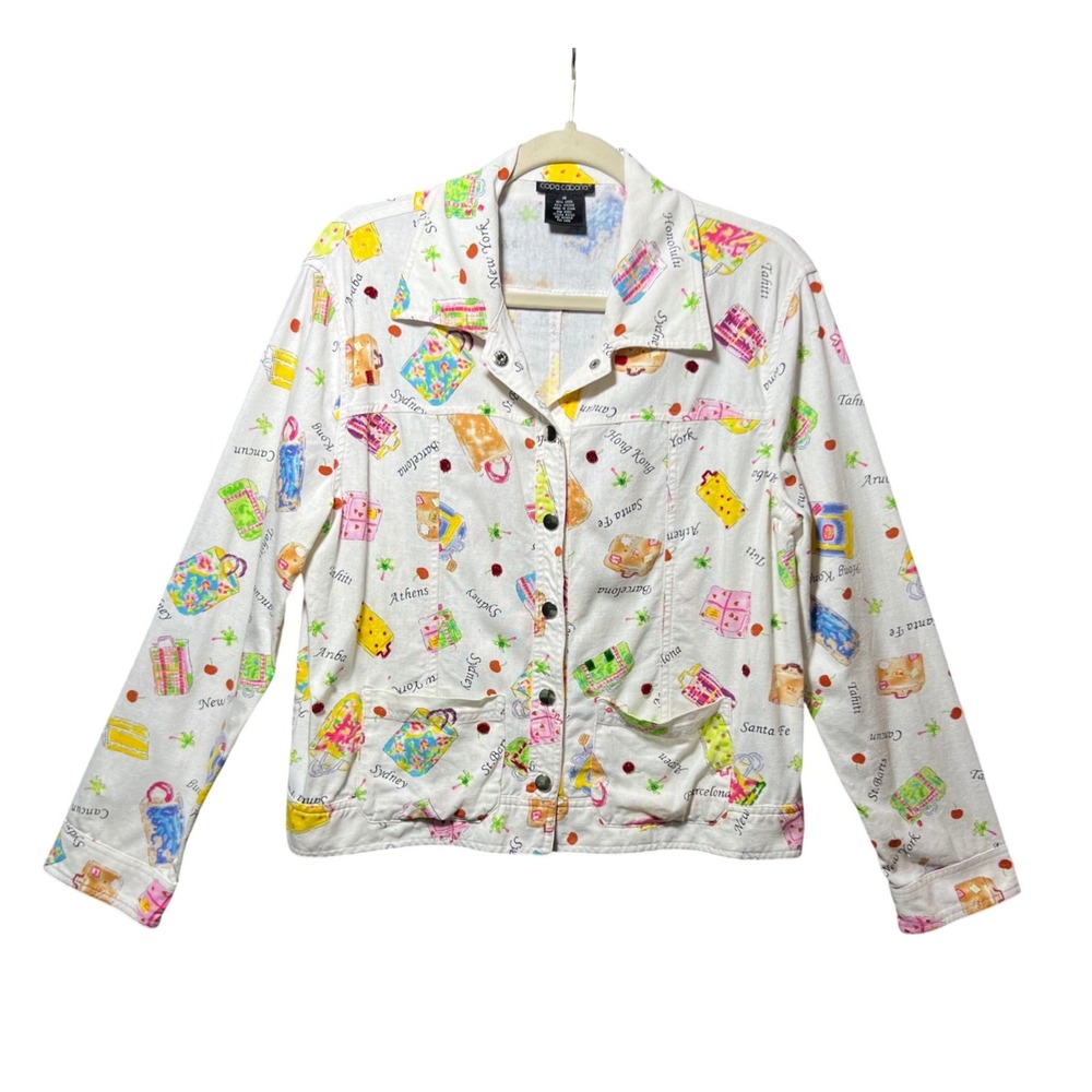 Copa Cabana Travel Print Linen Blend Jacket White‎ Novelty Beaded Medium